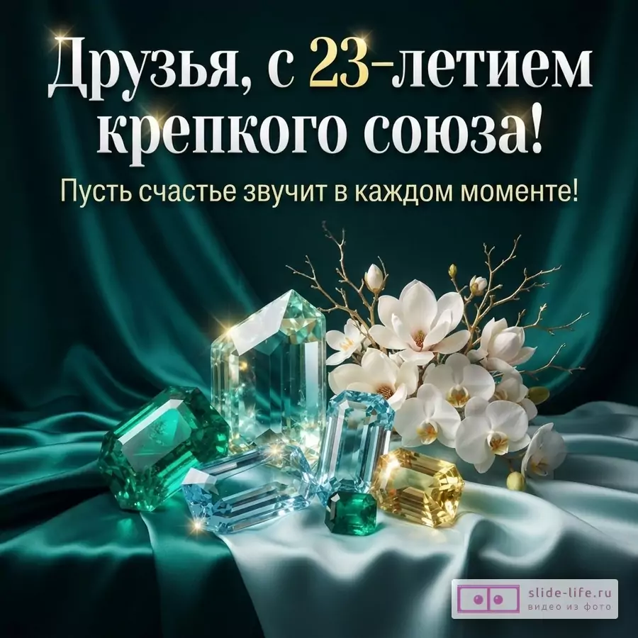 Тёмно-бирюзовый фон, бирюзовые и золотистые кристаллы, белые цветы, атласная ткань, текст «Друзья, с 23-летием крепкого союза! Пусть счастье звучит в каждом моменте!»