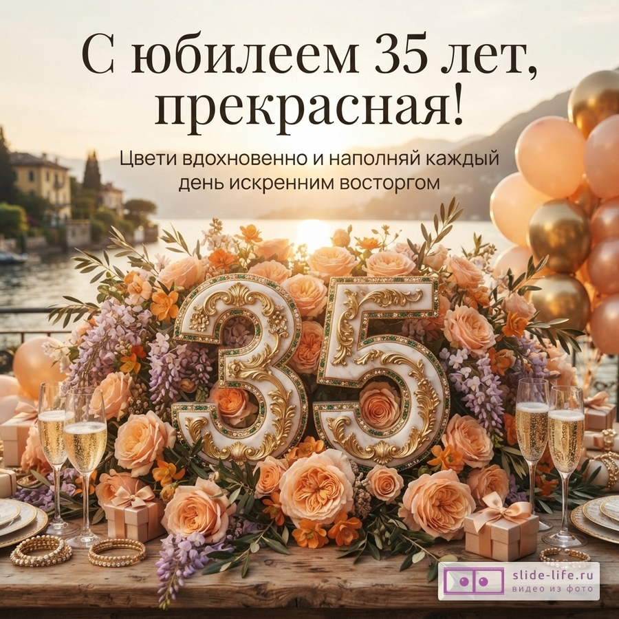 Объемная цифра 35 с позолотой среди роз, бокалы с шампанским на фоне озера и надпись «С юбилеем 35 лет, прекрасная! Цвети вдохновенно и наполняй каждый день искренним восторгом».