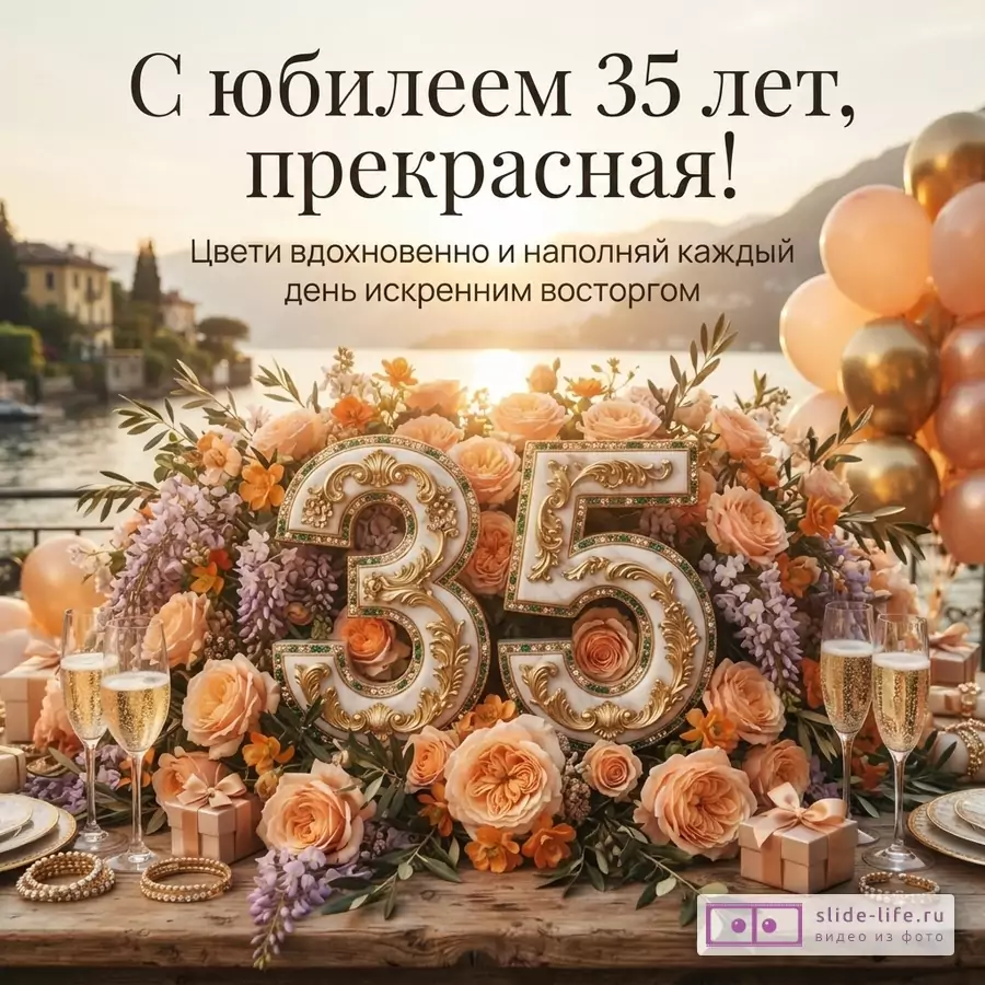 Объемная цифра 35 с позолотой среди роз, бокалы с шампанским на фоне озера и надпись «С юбилеем 35 лет, прекрасная! Цвети вдохновенно и наполняй каждый день искренним восторгом».