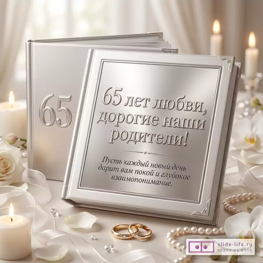 Серебристый фотоальбом на светлом фоне со свечами, белыми цветами, лентой, жемчугом и кольцами, текст «65 лет любви, дорогие наши родители! Пусть каждый новый день дарит вам покой и глубокое взаимопонимание.»