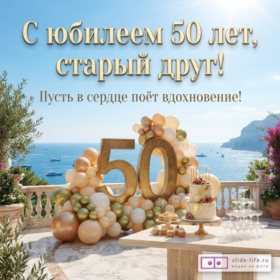 Открытка с видом на море, голубое небо. На переднем плане балкон с балюстрадой, оливковым деревом. На балконе золотые цифры «50», композиция из бежевых, золотых и оливковых шаров, двухъярусный торт, капкейки, пирамида из бокалов. Текст «С юбилеем 50 лет, старый друг! Пусть в сердце поёт вдохновение!»