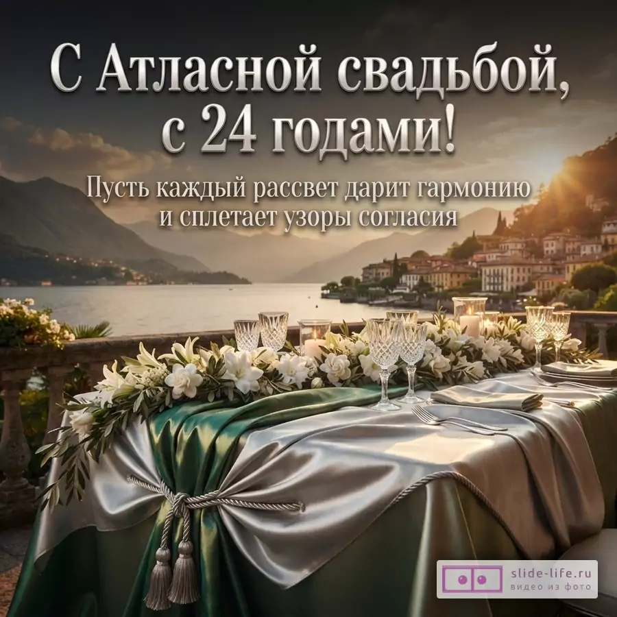 Сервированный стол с атласной скатертью, бокалами и цветами на фоне озера и гор на рассвете. Надпись: «С Атласной свадьбой, с 24 годами! Пусть каждый рассвет дарит гармонию и сплетает узоры согласия».