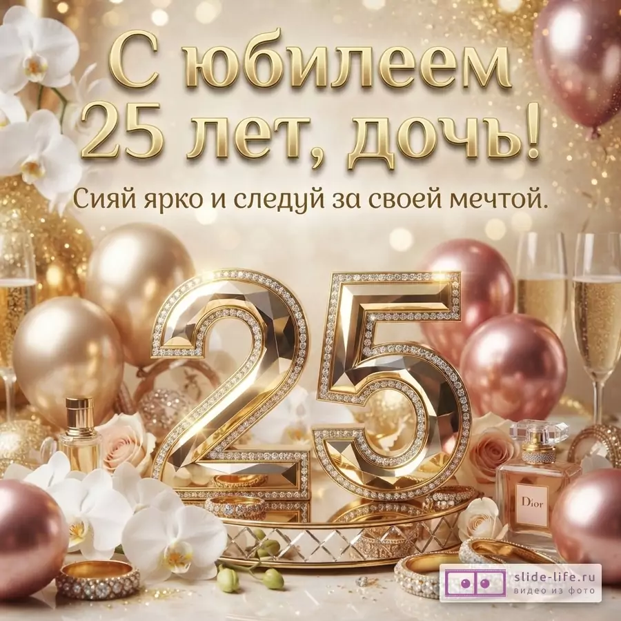 Объемная золотая цифра 25 с кристаллами, воздушные шары, духи, бокалы и белые орхидеи с надписью «С юбилеем 25 лет, дочь! Сияй ярко и следуй за своей мечтой.»