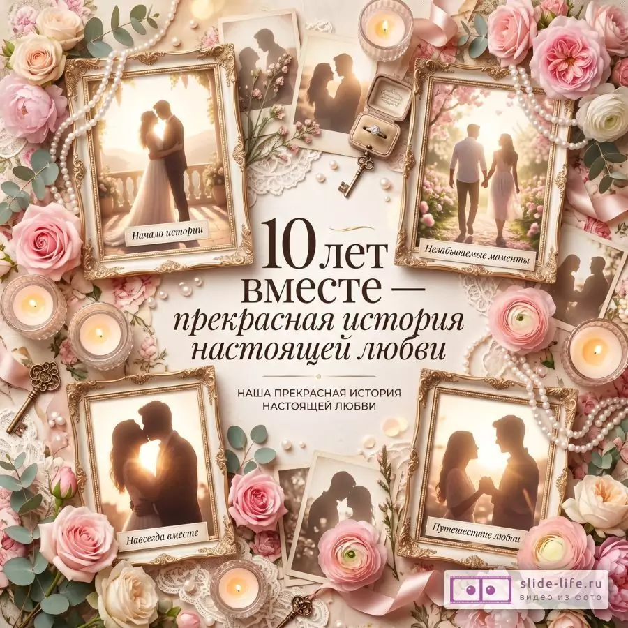 Розово-бежевый фон с розами, жемчугом, свечами и винтажными рамками с силуэтами пары. Текст: «10 лет вместе — прекрасная история настоящей любви», «Начало истории», «Навсегда вместе».