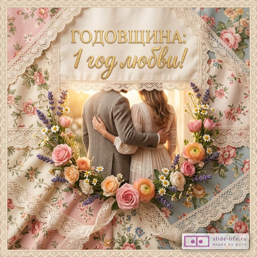 Открытка с годовщиной свадьбы: 1 год любви в ситцевых оттенках