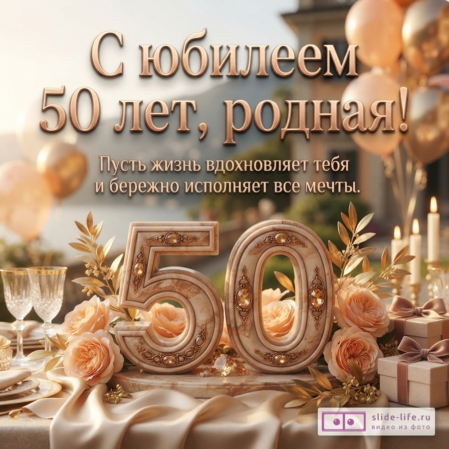Открытка с бежевым фоном, золотистыми шарами и свечами. На переднем плане цифры «50» из мрамора с золотыми вставками, персиковые розы, золотые листья, подарки. Текст: «С юбилеем 50 лет, родная! Пусть жизнь вдохновляет тебя и бережно исполняет все мечты.»