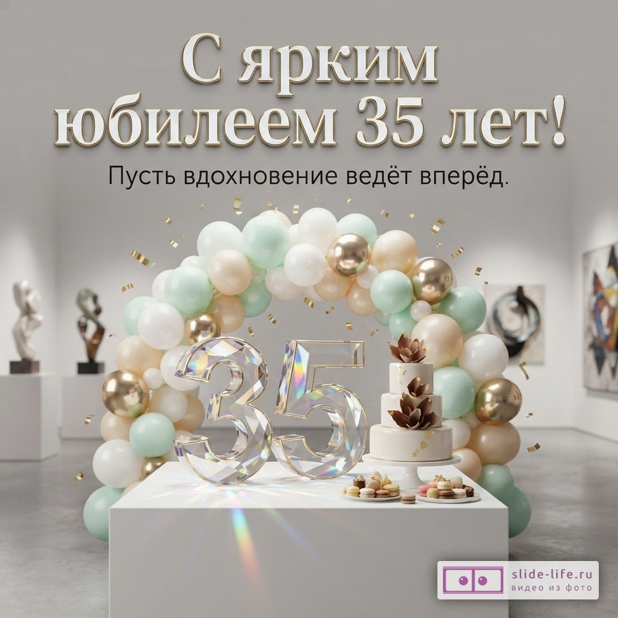 Хрустальная цифра 35, торт и арка из белых, золотых и мятных шаров в зале с надписью «С ярким юбилеем 35 лет! Пусть вдохновение ведёт вперёд.»