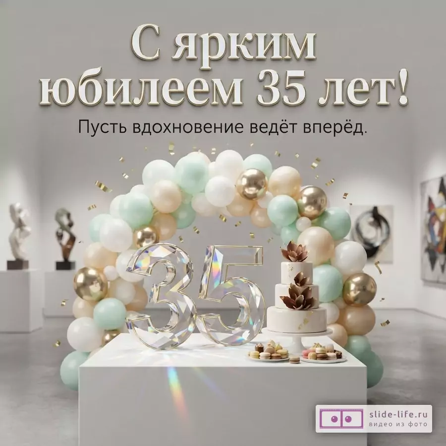Хрустальная цифра 35, торт и арка из белых, золотых и мятных шаров в зале с надписью «С ярким юбилеем 35 лет! Пусть вдохновение ведёт вперёд.»