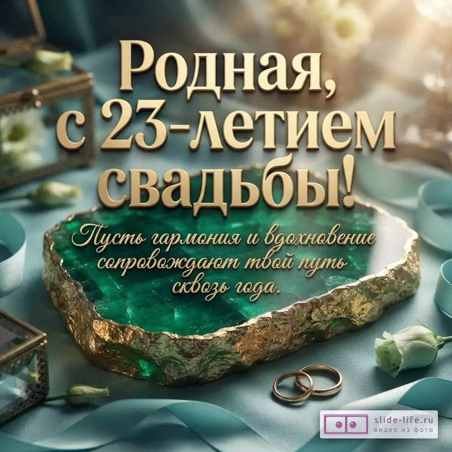 Зеленый срез берилла в золотой оправе, обручальные кольца и белые розы с надписью «Родная, с 23-летием свадьбы! Пусть гармония и вдохновение сопровождают твой путь сквозь года.»