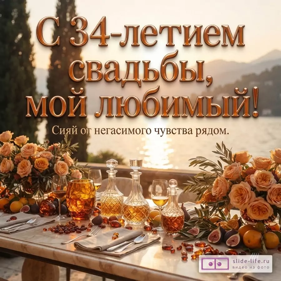 Открытка с надписью «С 34-летием свадьбы, мой любимый! Сияй от негасимого чувства рядом.» на фоне заката над озером, на переднем плане сервированный стол с цветами и янтарными элементами.