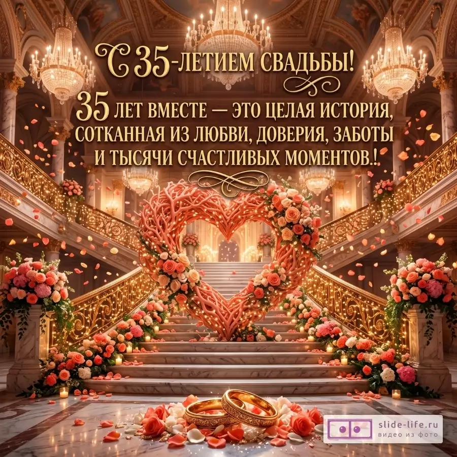 Розово-золотой дворец со свечами, цветами, лестницей и сердцем из коралловых ветвей; текст: «С 35-летием свадьбы!», «35 лет вместе — это целая история».
