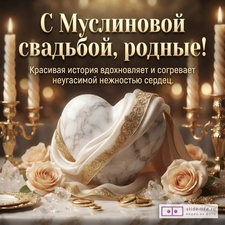 Темный фон, две золотые свечи, мраморное сердце, белая ткань с золотым узором, бежевые розы, золотые кольца, прозрачные кристаллы. Текст: «С Муслиновой свадьбой, родные! Красивая история вдохновляет и согревает неугасимой нежностью сердец.»