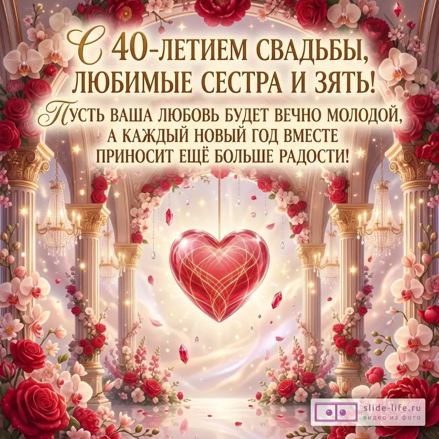 Светлый розово-золотой фон, цветы, колонны, люстры и красное сердце. Текст: «С 40-летием свадьбы, любимые сестра и зять! Пусть ваша любовь будет вечно молодой, а каждый новый год вместе приносит ещё больше радости!»