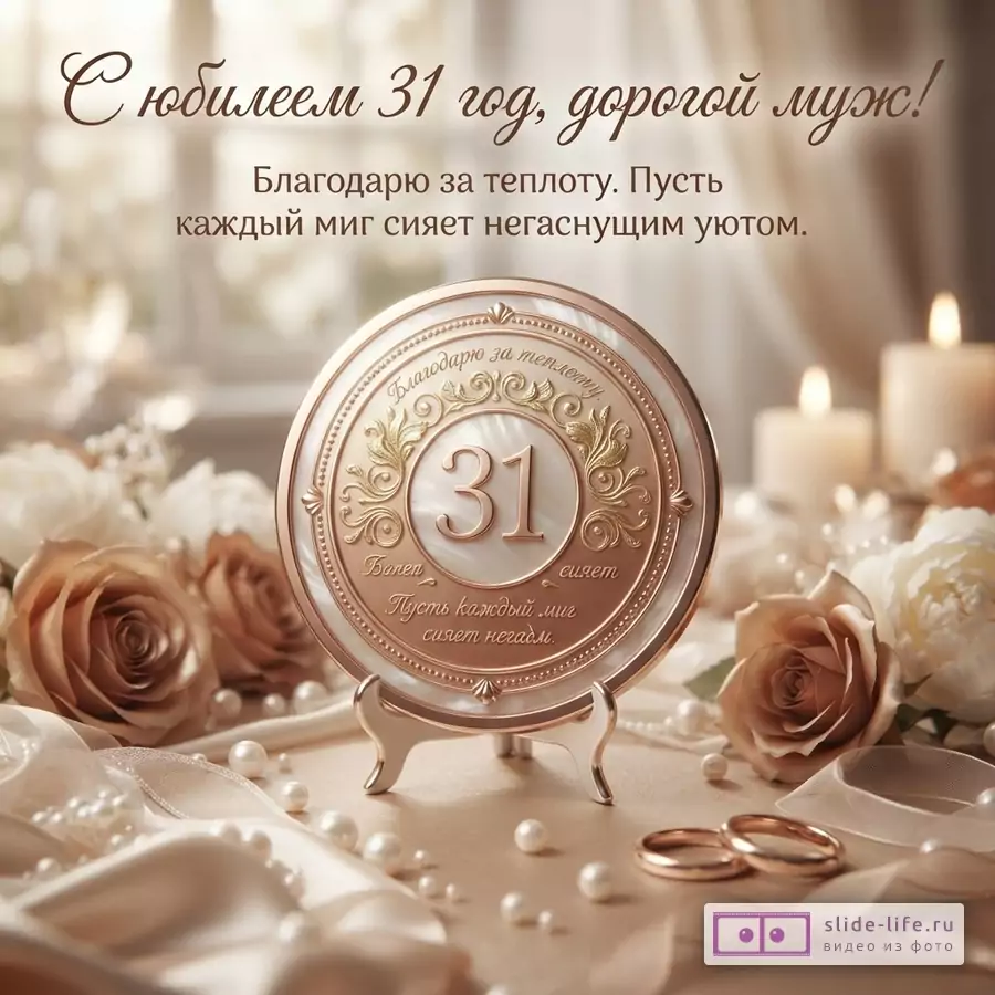 Бежево-золотая открытка с круглой декоративной рамкой, свечами, розами, кольцами и текстом «С юбилеем 31 год, дорогой муж! Благодарю за теплоту. Пусть каждый миг сияет негаснущим уютом.»