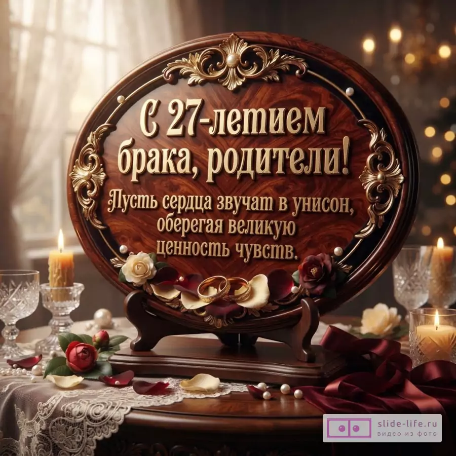 Деревянная табличка с золотой рамкой на темном фоне, текст «С 27-летием брака, родители! Пусть сердца звучат в унисон, оберегая великую ценность чувств.»