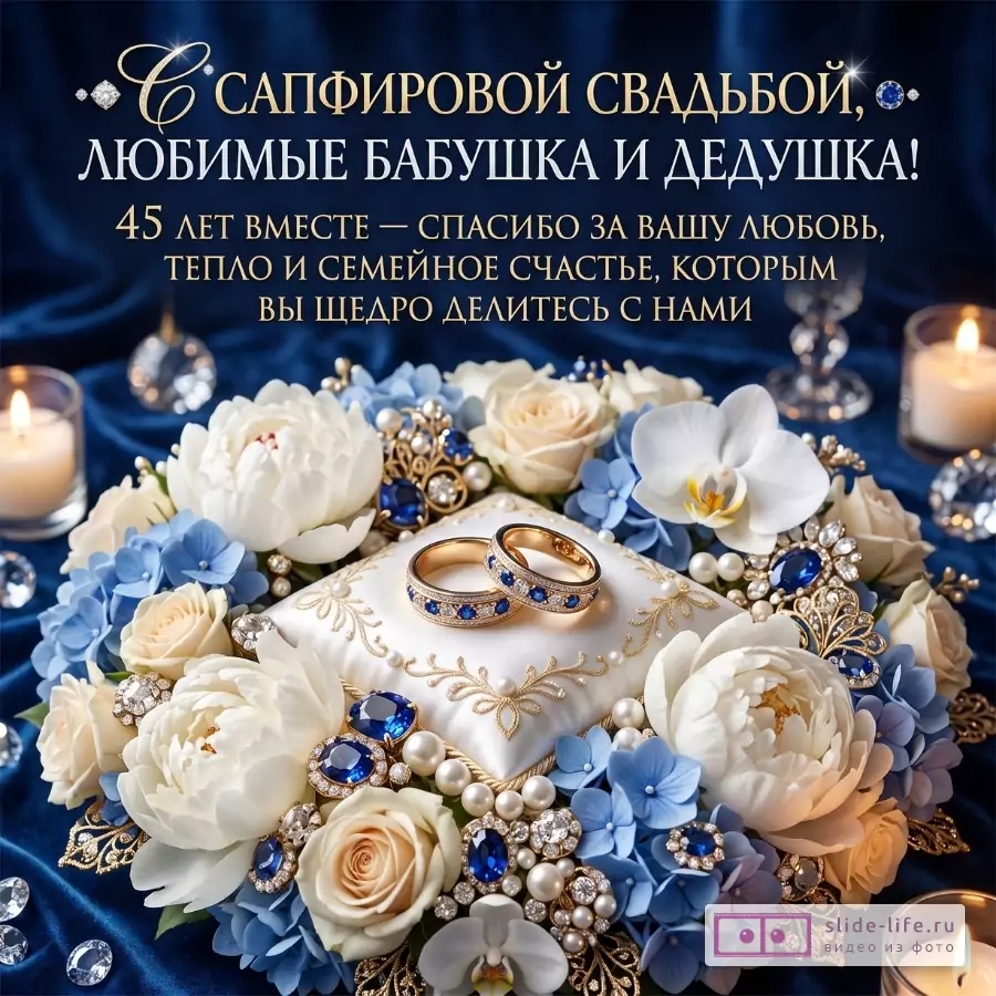 Темно-синий фон, свечи, бело-голубые цветы, кольца с сапфирами. Текст: «С САПФИРОВОЙ СВАДЬБОЙ, ЛЮБИМЫЕ БАБУШКА И ДЕДУШКА! 45 ЛЕТ ВМЕСТЕ — СПАСИБО ЗА ВАШУ ЛЮБОВЬ, ТЕПЛО И СЕМЕЙНОЕ СЧАСТЬЕ, КОТОРЫМ ВЫ ЩЕДРО ДЕЛИТЕСЬ С НАМИ»