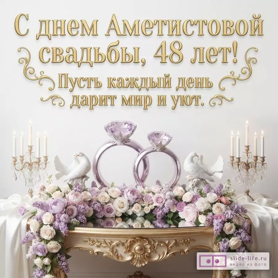 Белый фон, золотой текст, два кольца с аметистами, голуби, цветы сиреневых и розовых оттенков, свечи. Текст: «С днем Аметистовой свадьбы, 48 лет! Пусть каждый день дарит мир и уют.»