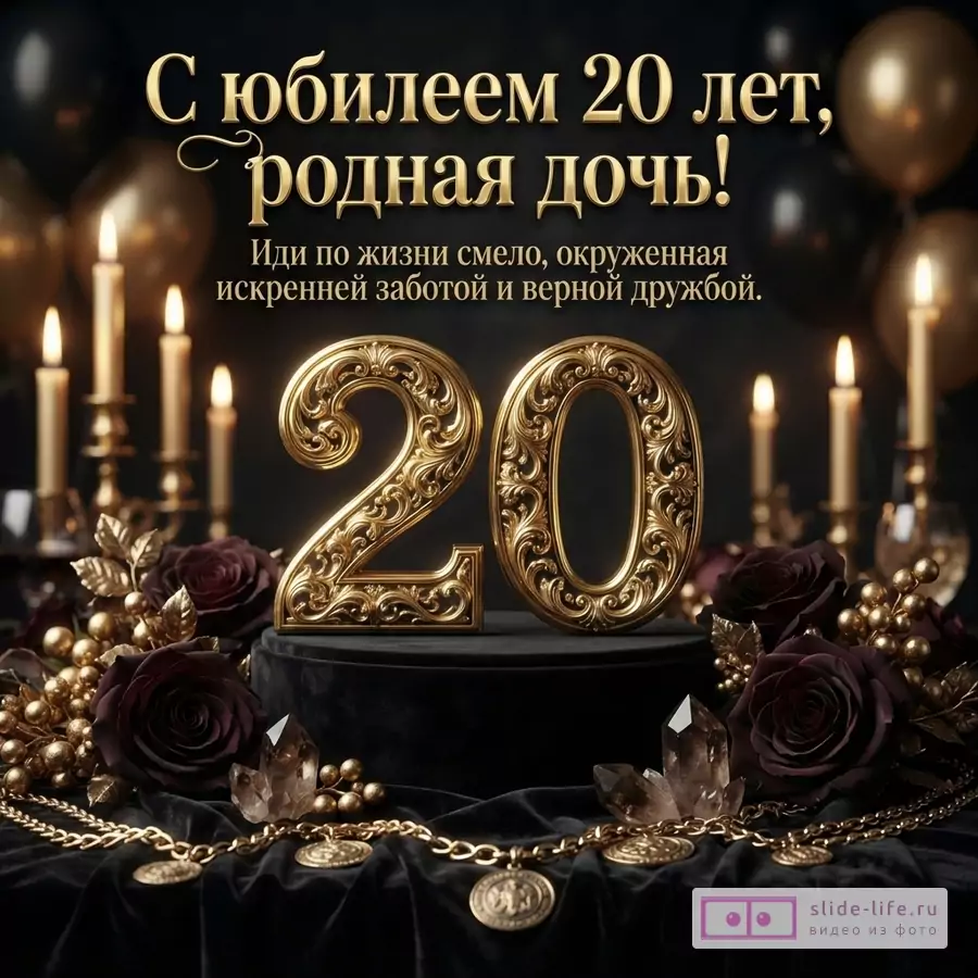 Объемная золотая цифра 20 на черном подиуме с розами и свечами, текст «С юбилеем 20 лет, родная дочь! Иди по жизни смело, окруженная искренней заботой и верной дружбой.»