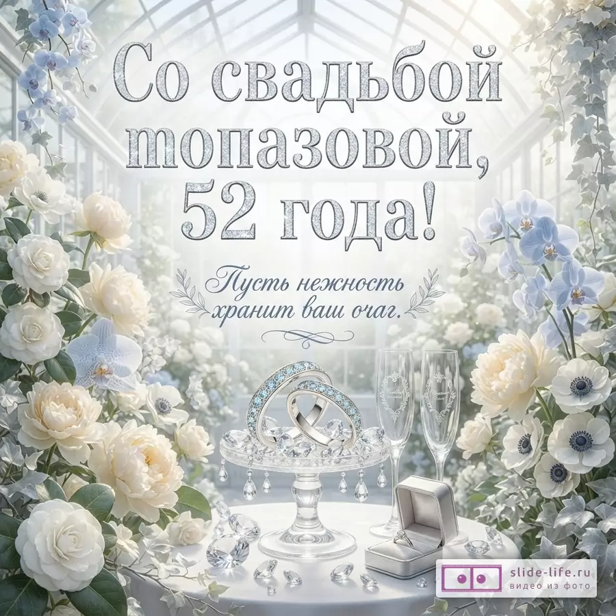 Светлый фон оранжереи, голубые и белые цветы по краям, серебристые кольца, бокалы, коробочка с кольцом, текст «Со свадьбой топазовой, 52 года! Пусть нежность хранит ваш очаг.»