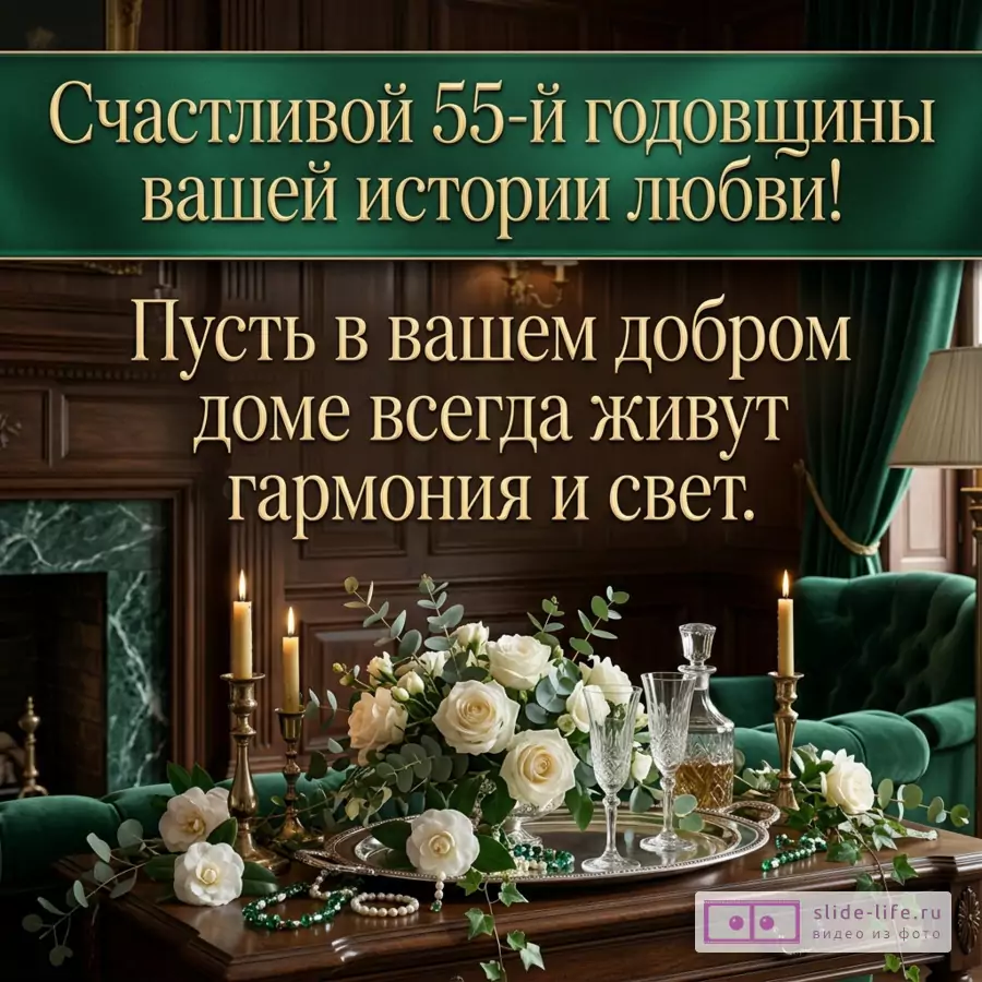 Открытка с интерьером в зеленых и коричневых тонах, камин, золотой канделябр со свечами, белые розы, зеленые шторы, столик, бокалы, текст «С 55-летием вашей истории любви! Пусть в пространстве вашего доброго дома всегда живут гармония и свет.»