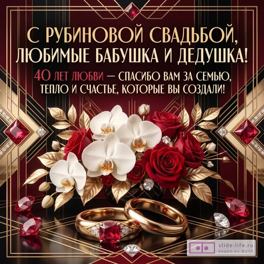 Бордово-черная открытка с золотой рамкой, красными и белыми цветами, кольцами и рубинами. Текст: «С рубиновой свадьбой, любимые бабушка и дедушка! 40 лет любви»
