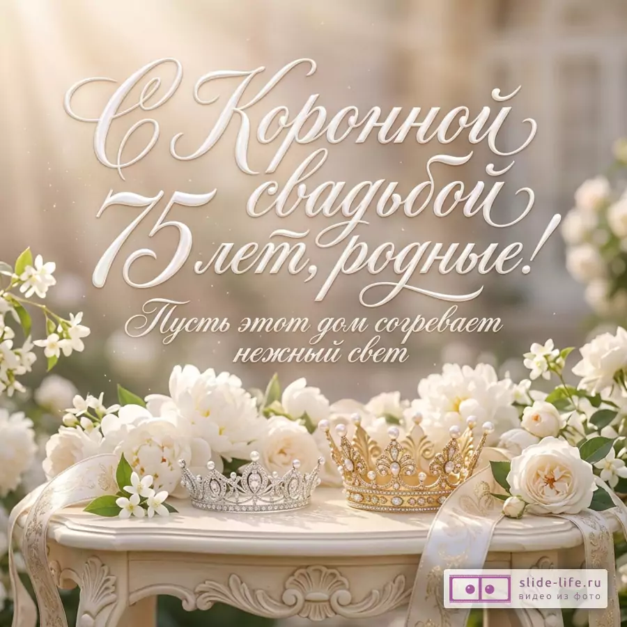 Две короны и бутоны белых роз на резном светлом столике. Надпись: «С Коронной свадьбой 75 лет, родные! Пусть этот дом согревает нежный свет».