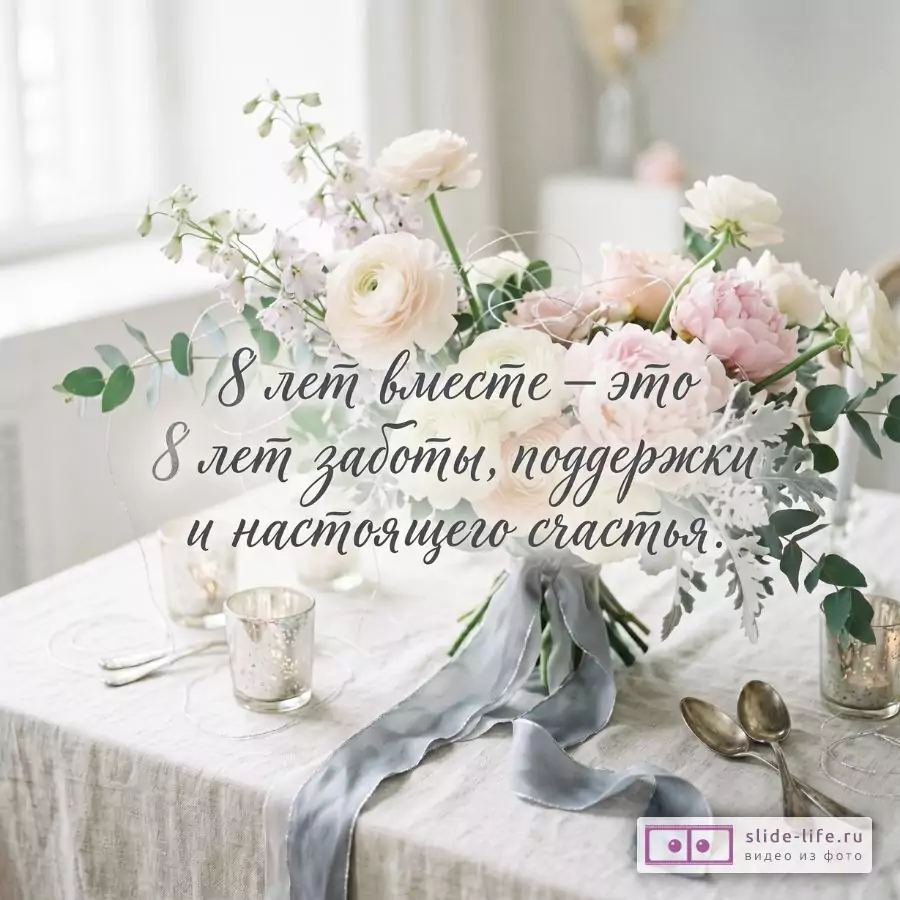 Светло-серый и белый фон, букет белых и нежно-розовых цветов с серебристой лентой на столе, бокалы и свечи, текст: «8 лет вместе — это 8 лет заботы, поддержки и настоящего счастья.»