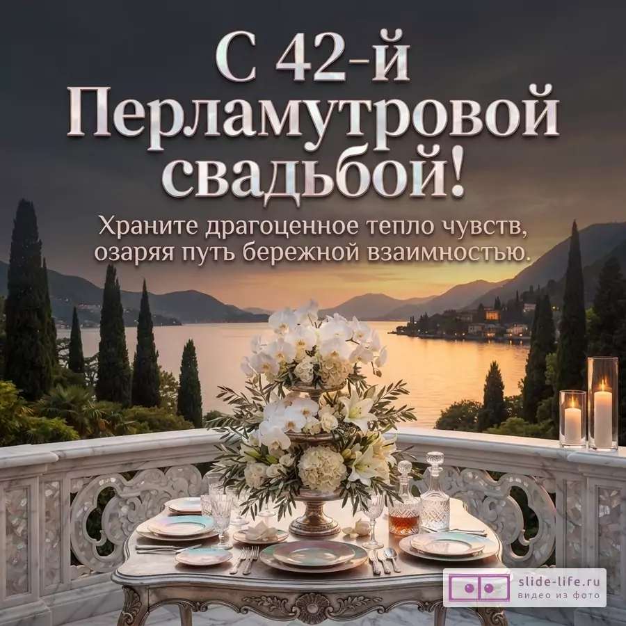 Открытка с надписью «С 42-й Перламутровой свадьбой! Храните драгоценное тепло чувств, озаряя путь бережной взаимностью.» на фоне заката над озером с горами, на переднем плане сервированный стол с цветами и свечами.