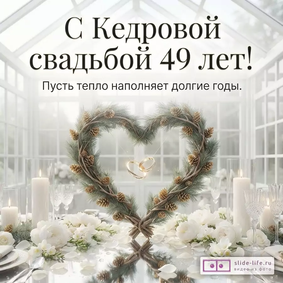 Белый фон, на переднем плане стол с белой скатертью, свечами, цветами и сервировкой. В центре стола венок в форме сердца из еловых веток и шишек, внутри которого парят два золотых кольца. Текст «С Кедровой свадьбой 49 лет! Пусть тепло наполняет долгие годы.»