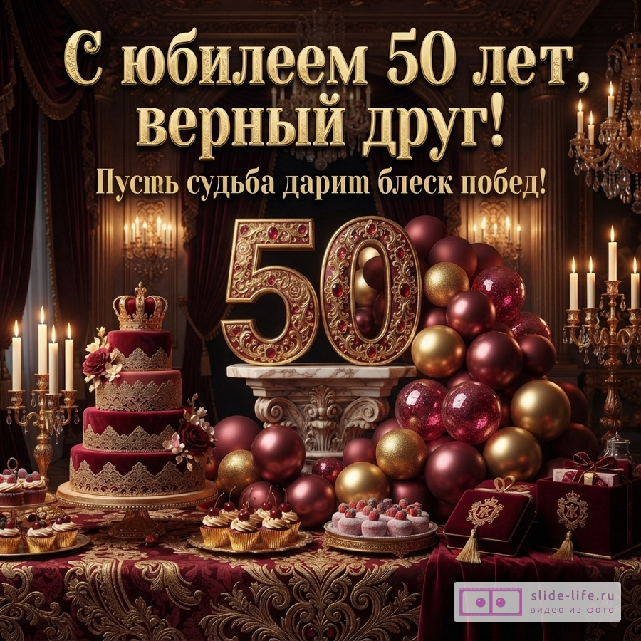 Открытка с золотыми буквами на бордовом фоне. Текст «С юбилеем 50 лет, верный друг! Пусть судьба дарит блеск побед!».