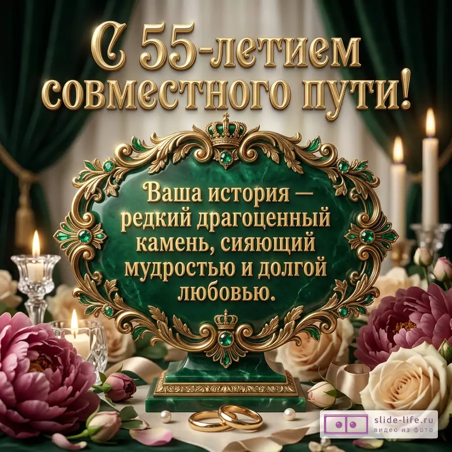 Открытка с золотой фигурной рамой и изумрудной табличкой, бежевый фон, свечи, бордовые и белые цветы, зеленые и бежевые ленты, кольца, текст «Поздравляем с 55-летием нашего совместного пути!»