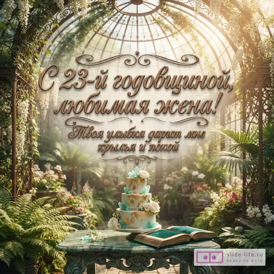 Праздничный торт с бериллами и открытая книга на столике в оранжерее, надпись «С 23-й годовщиной, любимая жена! Твоя улыбка дарит мне крылья и покой».