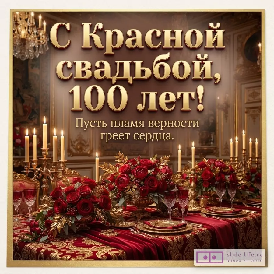 Золотой текст «С Красной свадьбой, 100 лет! Пусть пламя верности греет сердца.» на фоне банкетного зала, красных роз, свечей и сервировки