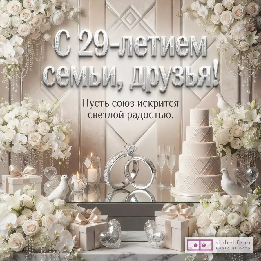 Бежево-белая свадебная открытка с цветами, кольцами, тортом, свечами и текстом «С 29-летием семьи, друзья! Пусть союз искрится светлой радостью.»