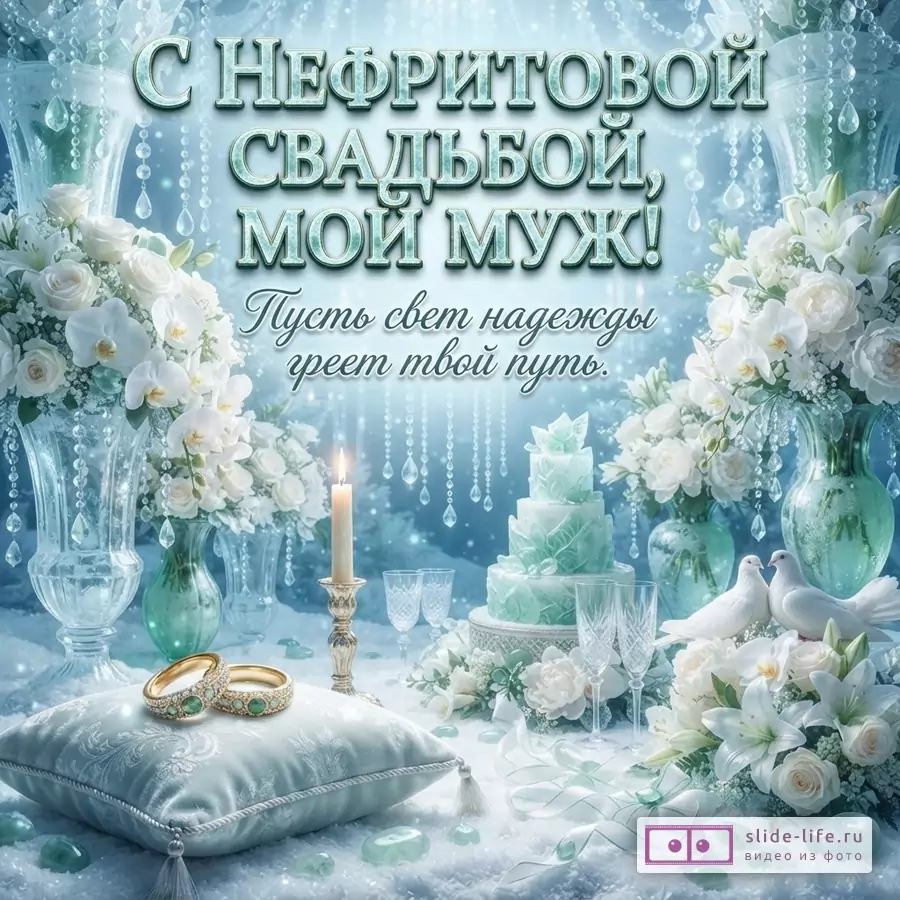 Голубой фон, белые цветы, свеча, обручальные кольца и торт в центре. Текст: «С Нефритовой свадьбой, мой муж! Пусть свет надежды греет твой путь.»