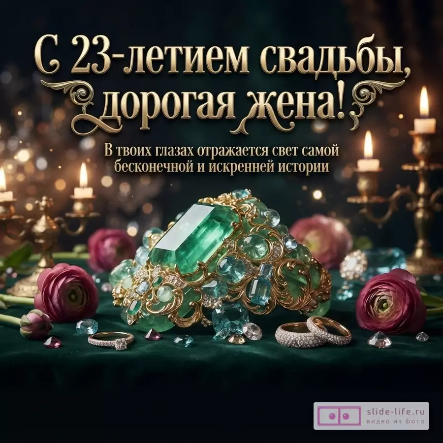 «С 23-летием свадьбы, дорогая жена! В твоих глазах отражается свет самой бесконечной и искренней истории» на темном фоне с изумрудным украшением, свечами и цветами.