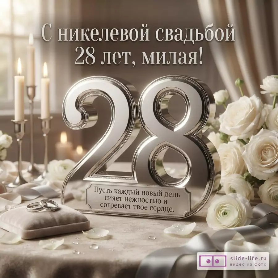 Серый фон, крупная объемная цифра «28», белые розы, свечи, лента, кольца, текст «С никелевой свадьбой 28 лет, милая! Пусть каждый новый день сияет нежностью и согревает твое сердце.»