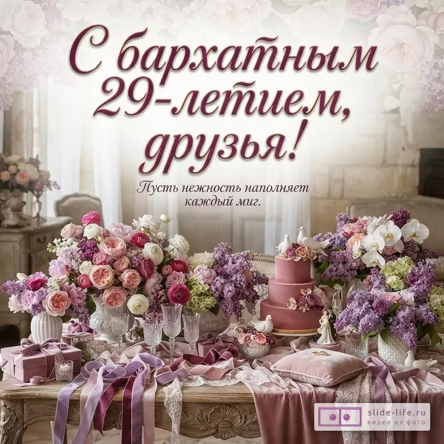 Открытка с розовым фоном и цветами, на столе торт, подарки, ленты. Текст: «С бархатным 29-летием, друзья! Пусть нежность наполняет каждый миг.»