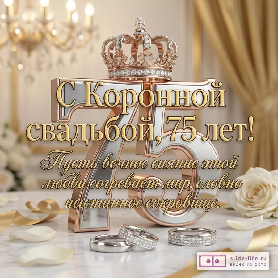 Золотая корона на цифре 75, обручальные кольца и розы с надписью: «С Коронной свадьбой, 75 лет! Пусть вечное сияние этой любви согревает мир, словно истинное сокровище.»
