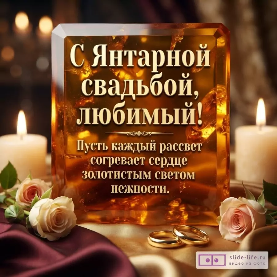 Прямоугольная янтарная плитка с золотым текстом, на фоне две горящие свечи, две розы и два золотых обручальных кольца. Текст: «С Янтарной свадьбой, любимый! Пусть каждый рассвет согревает сердце золотистым светом нежности.»