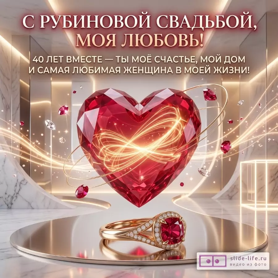 Белый мраморный фон с золотистым свечением, красное гранёное сердце и золотое кольцо с рубиновым камнем. Текст: «С РУБИНОВОЙ СВАДЬБОЙ, МОЯ ЛЮБОВЬ!»