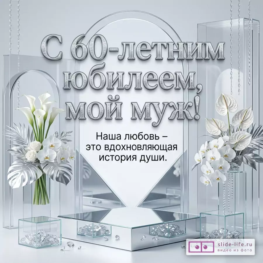 Светло-серебристый фон, стеклянные арки, крупный бриллиант, белые каллы и орхидеи, кристаллы и подиум, текст «Поздравляю с 60-летием, мой муж! Ваш союз — вдохновляющая история души.»