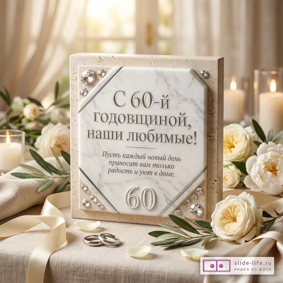 Мраморная открытка в бежевой рамке с декоративными камнями, свечи, белые цветы, ленты, кольца, текст «С 60-й годовщиной, наши любимые! Пусть каждый новый день приносит вам только радость и уют в доме.»
