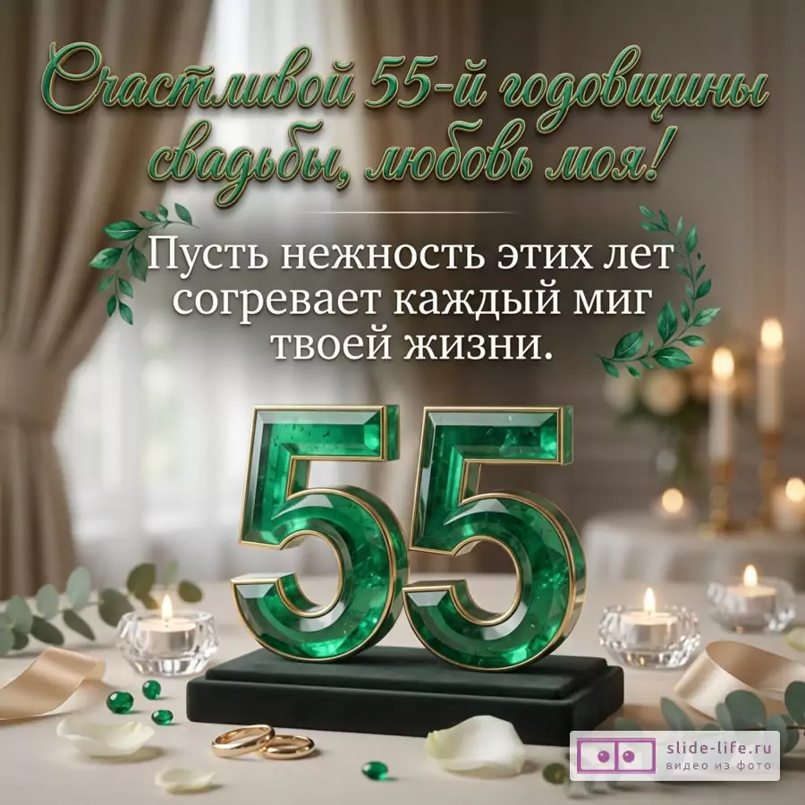 Открытка с текстом «Счастливой 55-й годовщины свадьбы, любовь моя! Пусть нежность этих лет согревает каждый миг твоей жизни.» бежевый фон, зеленые листья, свечи, кольца, ленты, число 55 зеленого цвета
