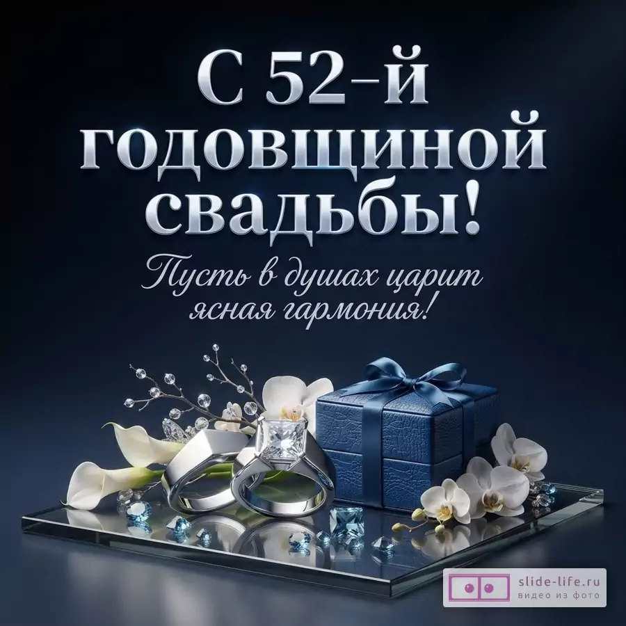 Темно-синий фон. Серебряные буквы. Текст: «С 52-й годовщиной свадьбы! Пусть в душах царит ясная гармония!»