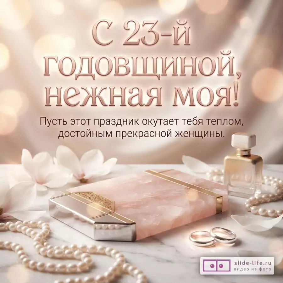 Шкатулка из розового камня с золотом, духи, жемчужные бусы, лепестки и кольца. Текст: «С 23-й ГОДОВЩИНОЙ, НЕЖНАЯ МОЯ! Пусть этот праздник окутает тебя теплом, достойным прекрасной женщины.»