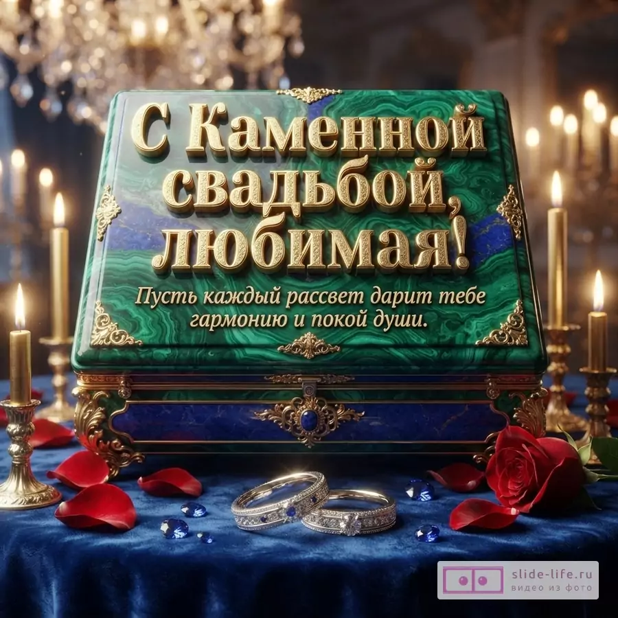 Шкатулка из малахита и лазурита с золотыми узорами, на ней золотые буквы. На синей бархатной скатерти лежат два обручальных кольца, красная роза, лепестки роз, синие камни. Горят свечи. Текст: «С Каменной свадьбой, любимая! Пусть каждый рассвет дарит тебе гармонию и покой души.»