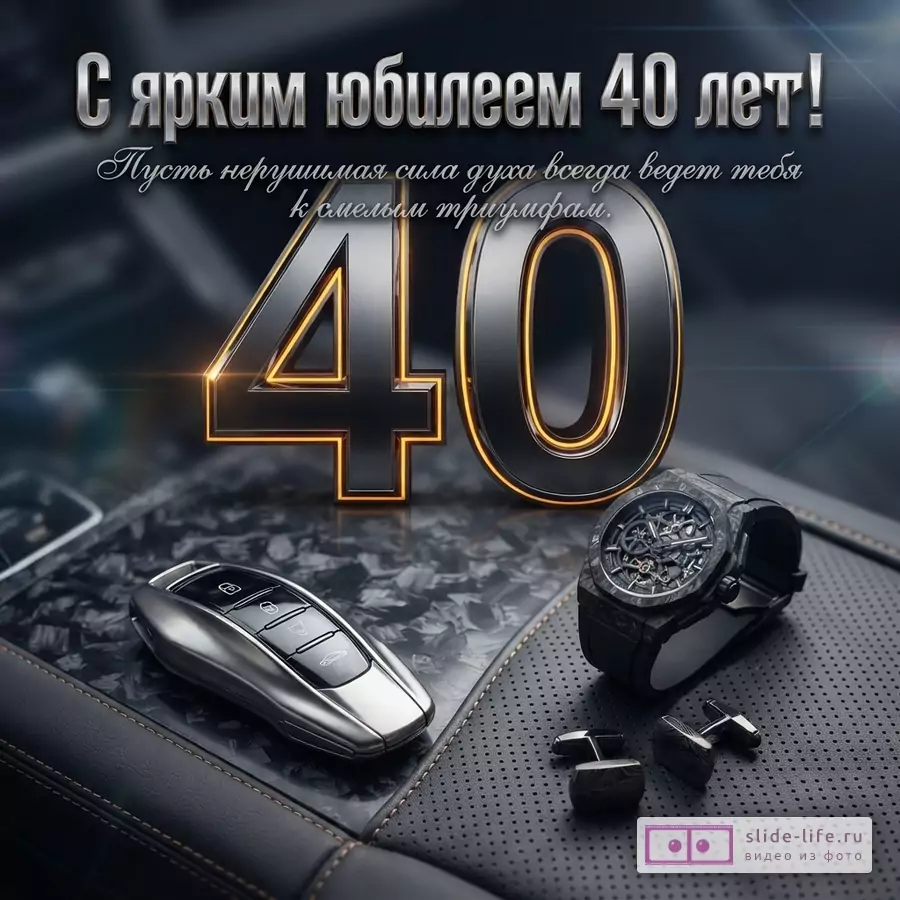 Темно-серый фон, серебристые цифры «40» с оранжевой подсветкой, серебристый ключ от машины, черные часы, черные запонки. Текст: «С ярким юбилеем 40 лет! Пусть нерушимая сила духа всегда ведет тебя к смелым триумфам.»