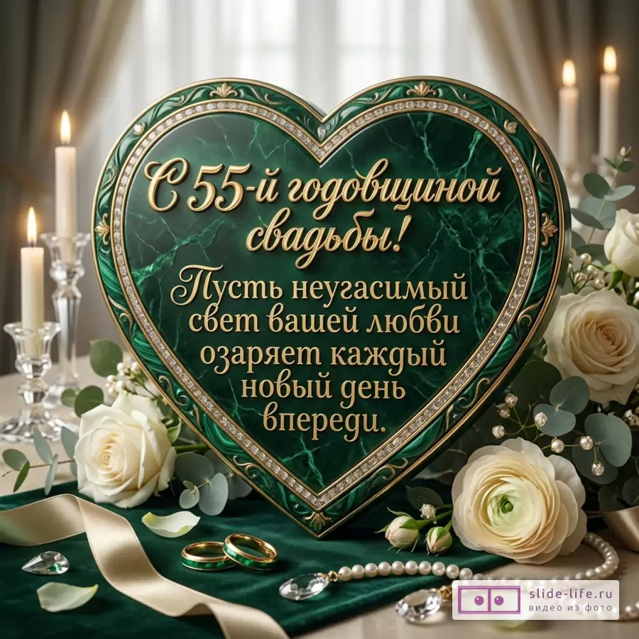 Открытка в форме сердца с зеленым мраморным фоном, золотым узором и текстом «С 55-й годовщиной свадьбы! Пусть неугасимый свет вашей любви озаряет каждый новый день впереди.», белые розы, свечи, кольца, жемчуг, лента