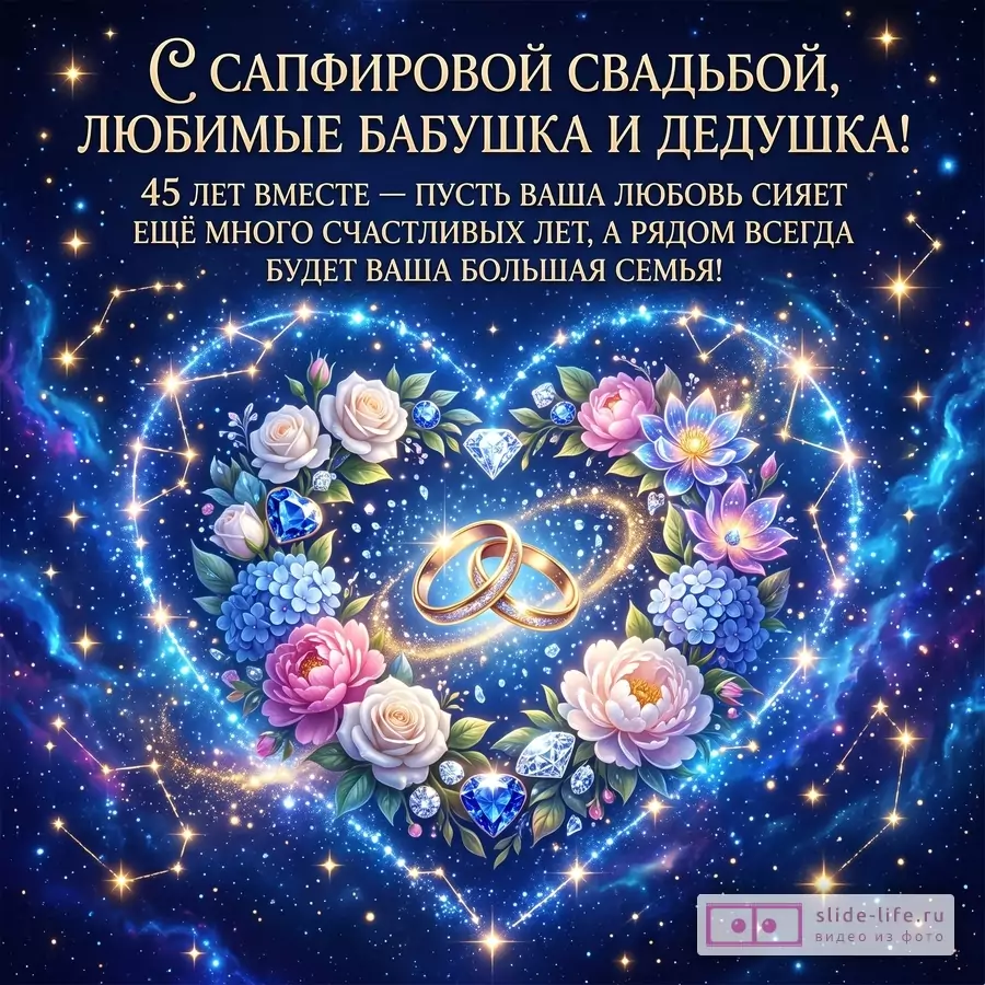 Темно-синий космический фон, сердце из цветов и сапфиров, два кольца. Текст: «С сапфировой свадьбой, любимые бабушка и дедушка!»